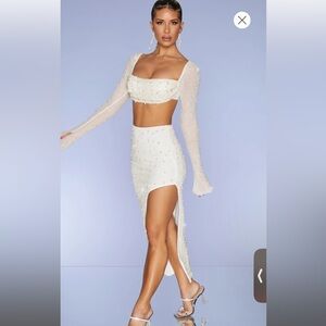 Oh Polly Embellished cowl neck top and skirt in Ivory pearls
